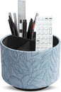 Hennaja Round Leather Art Supply Organizer,Remote Control Holder,360 Degree Spinning,Multi-Functional Pencil Holder,4 Compartments Desktop Stationary Organizer(1-Carved Light Blue)