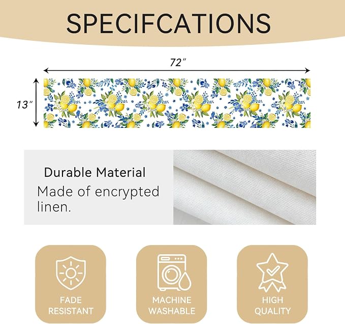 Lemon and Blue Floral Table Runner, 72 x 13 inches, Easy Care Machine Washable - Image 5