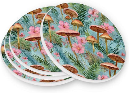 Coasters for Drinks Coaster Drink Set Decorative Coffee Table Desk Cup Mat Spring Cute Cork Bar Backing Round Home Decor Mushroom Leaves Pink Green31