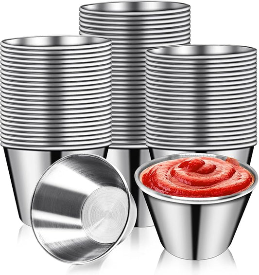 DJZZ 100 Pcs Metal Sauce Cups 2.5oz Ramekins, Stainless Steel Dipping Sauce Cups Metal Condiment Container Reusable Round Butter Dressing Restaurant Small Bowls (100)