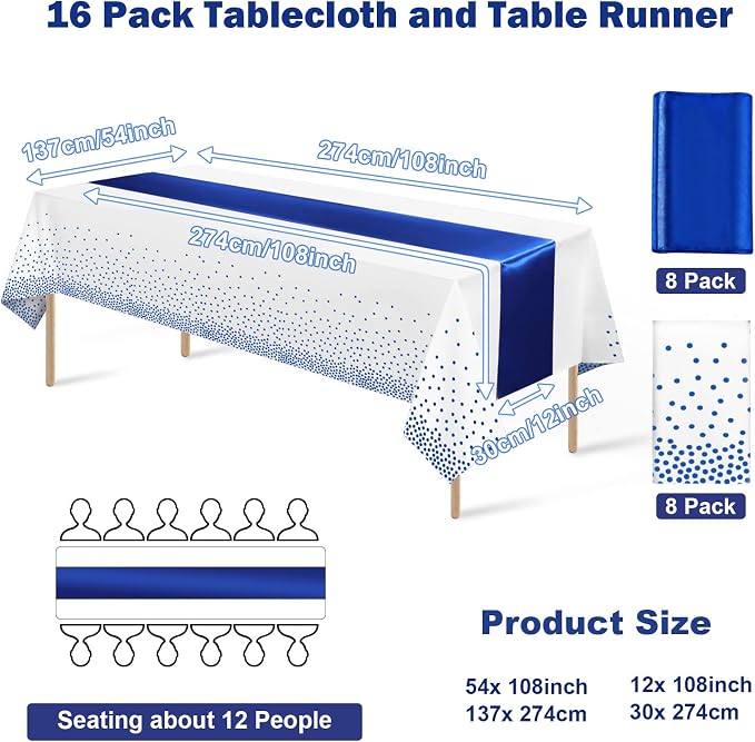 16Pack Disposable Plastic Tablecloths and Satin Table Runner Set White and Blue - Image 2