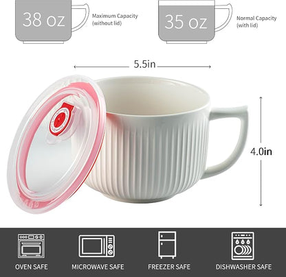 Ceramic Soup Bowl with Handle&Lid, Jumbo 38oz Microwave Ramen Bowl Set of 2 | - Image 6