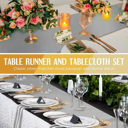 Breling 24 Packs White and Silver Disposable Plastic Tablecloths and Satin Table Runner Set, 54 x 108 Inch Tablecloth, 12 x 108 Inch Table Runners for Wedding Graduation Birthday Baby Shower