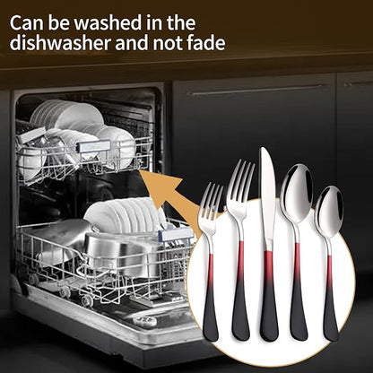 20-Piece Black Red Silverware Set 18/0 Stainless Steel Silverware Set Black Red Handle Cutlery Set Service for 4 Dinner Knives Forks Spoons Set Flatware Set Finish Dishwasher Safe