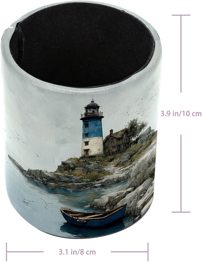 Leather Pen Holder for Desk, Coastal Lighthouse Pencil Cup Pen Organizer Makeup - Image 3