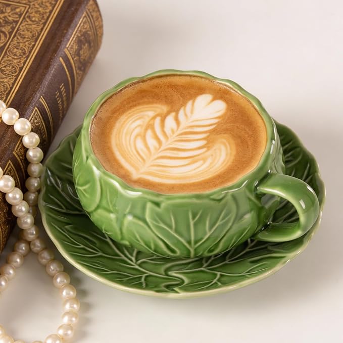 KAMMAK Tea Cups and Saucers Set of 2, 10 oz Porcelain Coffee Cups, SY008 | - Image 3