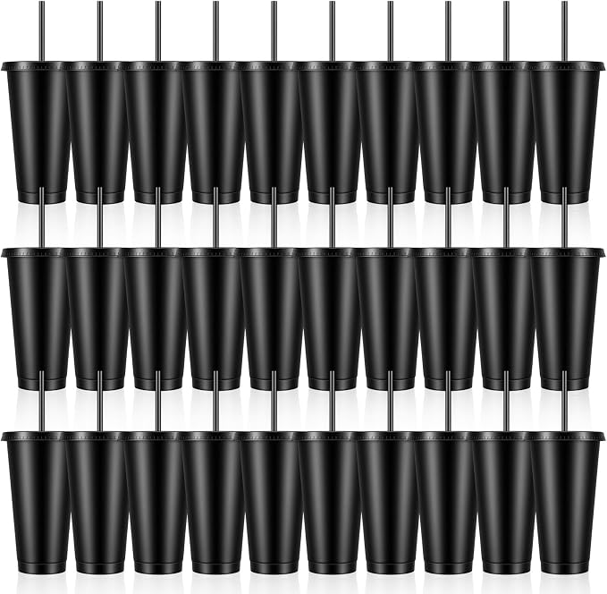 30 Pack Plastic Tumblers with Lids and Straw, Reusable Black Tumblers Bulk by Unknown