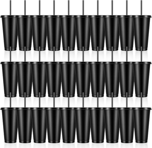 30 Pack Plastic Tumblers with Lids and Straw, Reusable Black Tumblers Bulk by Unknown