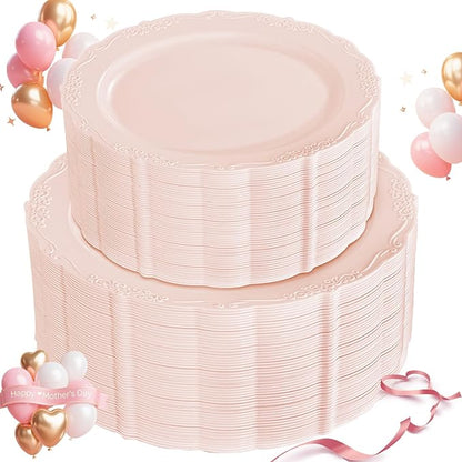 U-QE 100PCS Mauve Pink Plastic Plates for Party - Plastic Party Plates Disposable Heavy Duty - Pink Valentines Plates for Valentine's Day Including 50PCS 10.25'' Dinner Plates&50PCS 7.5'' Pink Plates
