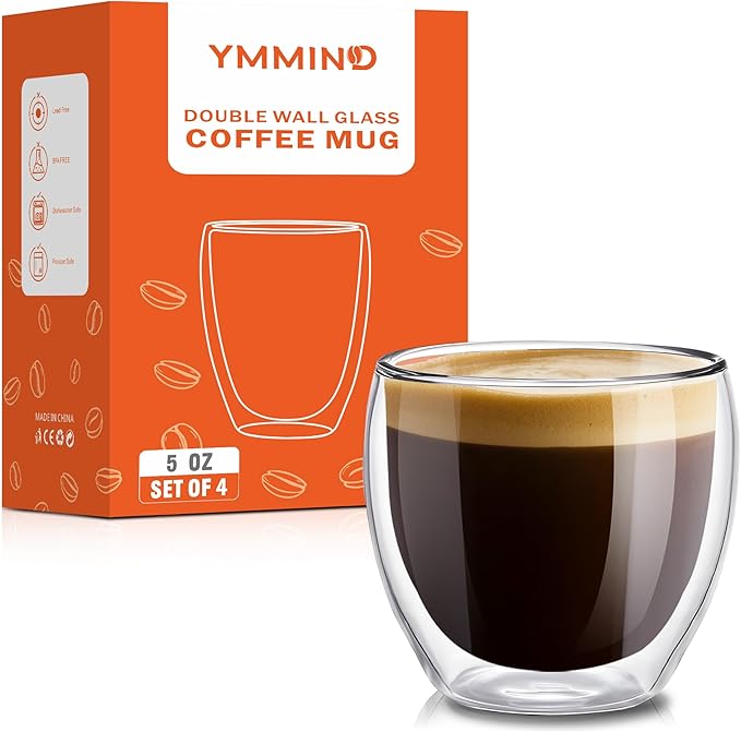 YMMIND Set of 4 Double Walled Glass Coffee Mugs 5 Ounces Insulated Layer Coffee by YMMIND