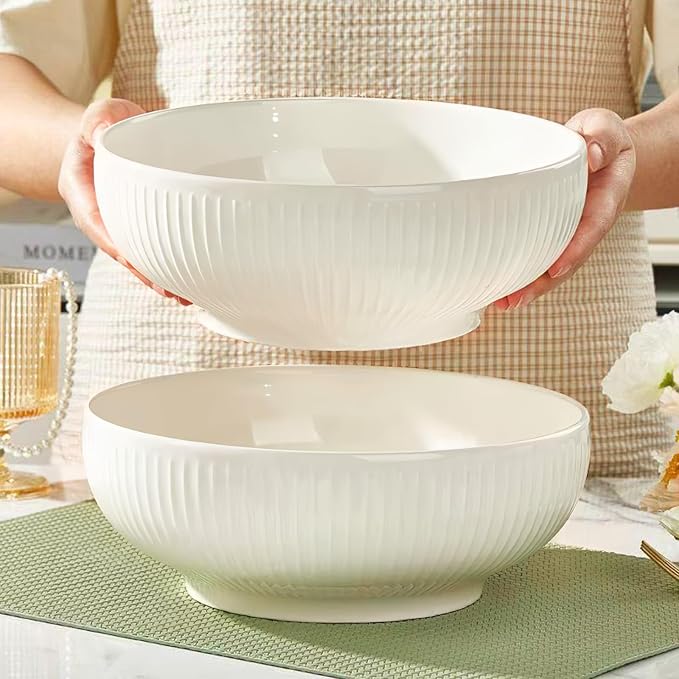 Set of 2 Serving Bowls- 9inch Extra Large Salad Bowls -Porcelain White Serving - Image 3
