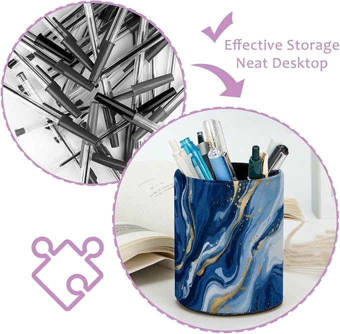 Blue Abstract Fluid Marble Leather Pen Holder - Image 4