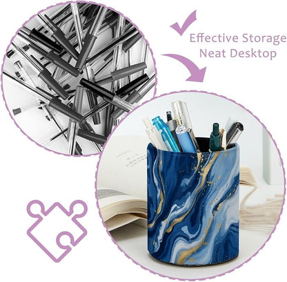 Blue Abstract Fluid Marble Leather Pen Holder - Image 4