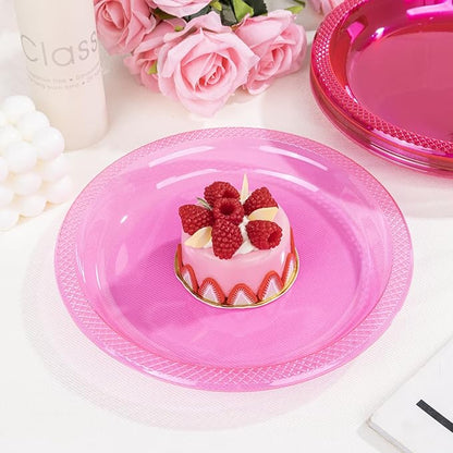 WELLIFE Neon Pink Party Plates 7 Inch -150 Count, Translucent Pink Plastic Disposable Dessert Plates for Fluorescent Neon Theme Party Salad Appetizers Valentine's Day Easter Baby Shower Mother's Day