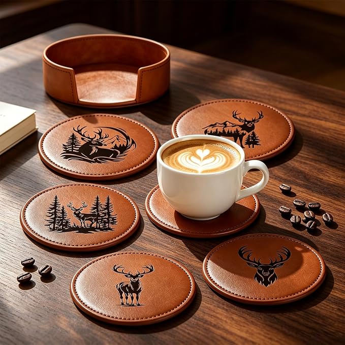 6 Packs Stag Pattern Leather Coaster - Image 4