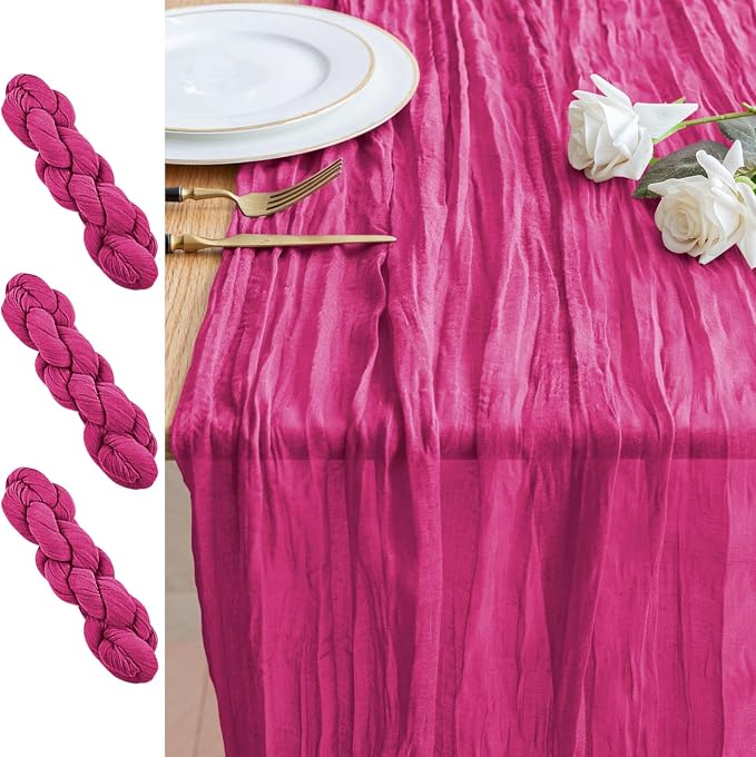 Cheesecloth Table Runner 10FT 3Pcs Fuchsia Boho Gauze Rustic Sheer Runners | by Xiomot