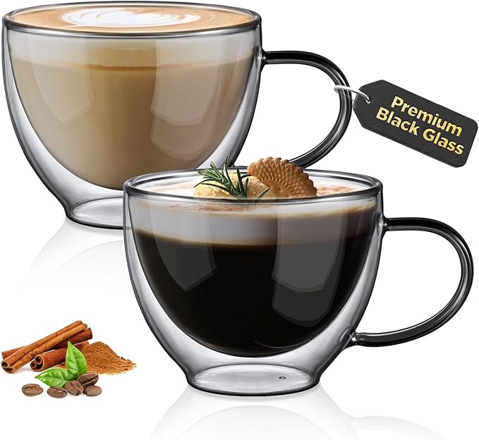 ecooe Black Double Walled Glass Coffee Mug 12 oz Latte Cappuccino Cups Set of 2 by ecooe
