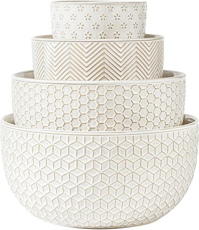 Ceramic Mixing Bowls, Embossed Nesting Bowls Set of 4, Mixing Bowl Set by MIKIGEY