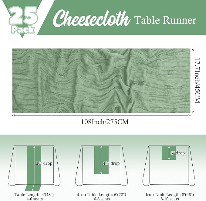 25 Pack Sage Green Table Runner 17 x 108inch Cheesecloth Table Runner Boho - Image 2