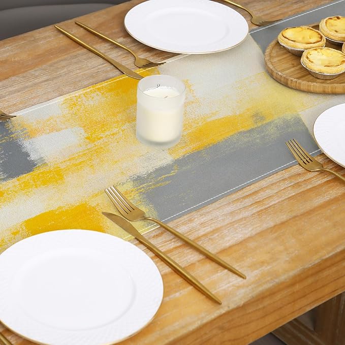 Yellow and Grey Table Runner 13x72 Inch Modern Abstract Art Painting Kitchen - Image 4