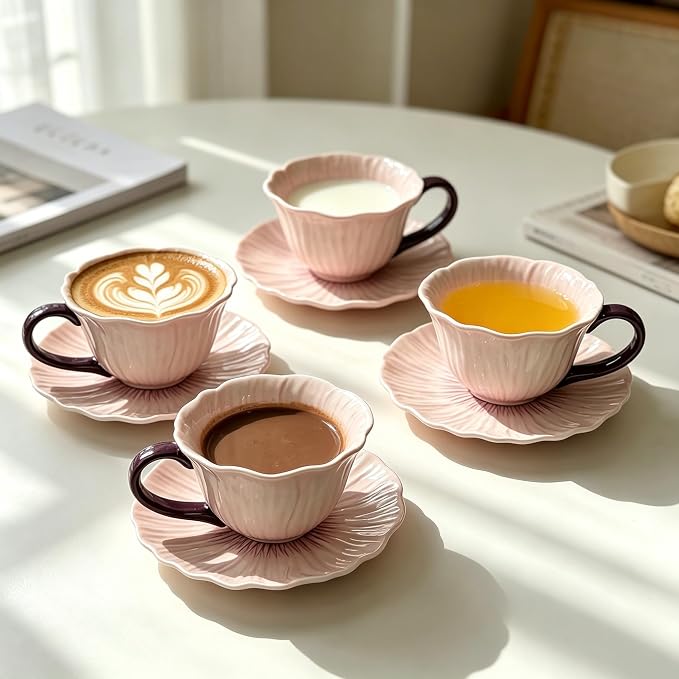 KOOV Latte Cup and Saucer Set of 4, Vintage Hand-Painted 10 oz Ceramic - Image 2