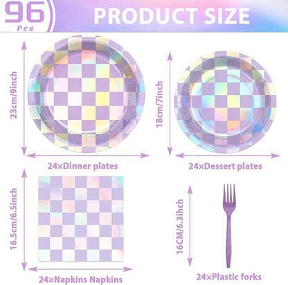 96Pcs Iridescent Birthday Party Supplies Purple Checkered Paper Plates Napkins - Image 2