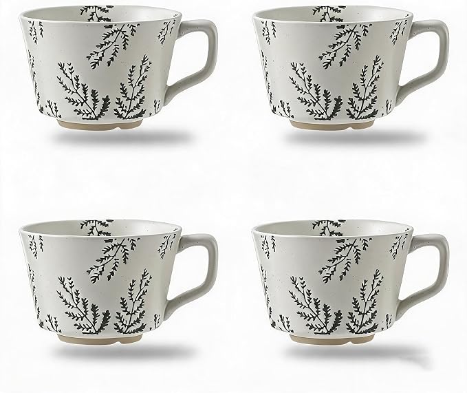 4 Pack Speckled Ceramic Coffee Mugs, 12oz Vintage Green Fern Leaf Large Tea Cups by Tvvtuww