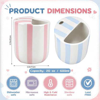 2 Pcs Ceramic Mug with Sip Hole 10 oz Novelty Pink Light Blue Striped Coffee - Image 2