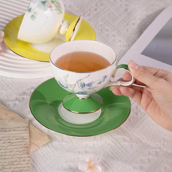 KAMMAK Tea Cups Set of 2, Ceramic Floral Pattern Demitasse Cup | Porcelain - Image 7