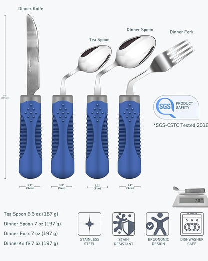 Adaptive Utensils (4-Piece Set) Weighted 7 oz - 42° Angled Utensils for Parkinson's Patients, Hand Tremors, Arthritis & Elderly - Eating Utensils for Elderly (Blue: Left Handed)
