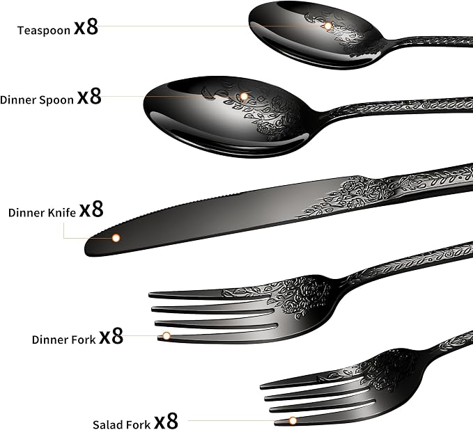 40 Pcs Black Silverware Set for 8, Food Grade Stainless Steel Flatware Set - Image 2