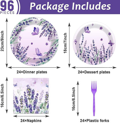 96Pcs Purple Party Supplies Lavender Paper Plates Napkins Summer Decoration | - Image 2