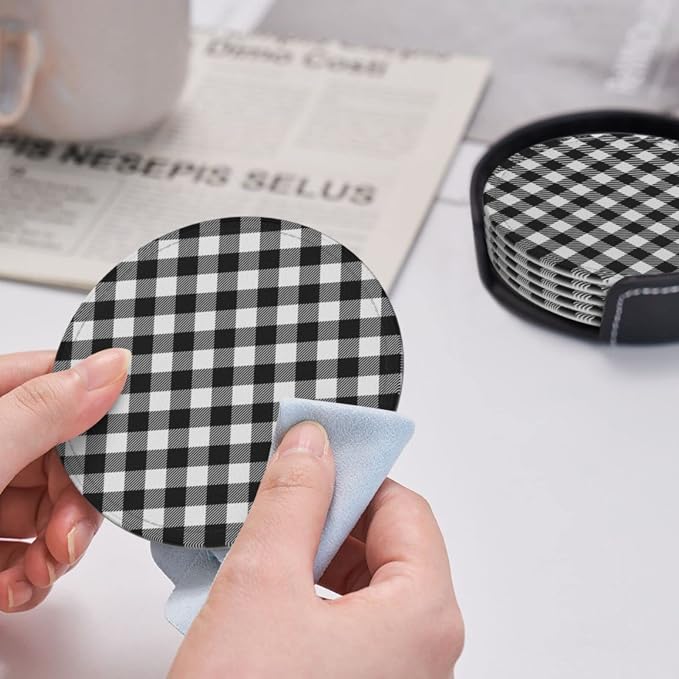 6 Pcs Black White Striped Plaid Leather Coasters - Image 6