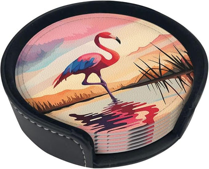 6 Pcs Pink Cute Flamingo Modern Art Boho Leather Coasters - Image 5
