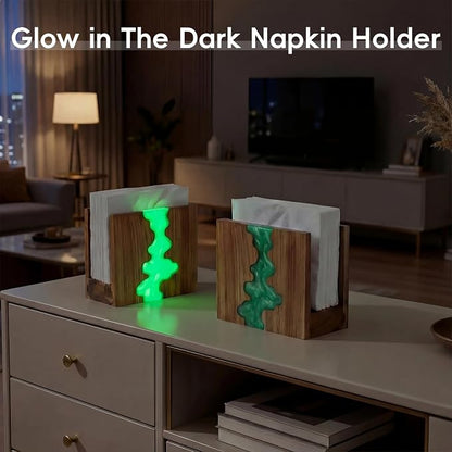 Glow in The Dark Napkin Holder, Acacia Wood & Fluorescent Green Epoxy Resin - Image 2