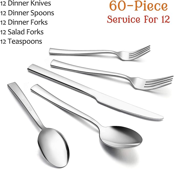 E-far 60-Piece Silverware Set, Stainless Steel Flatware Set Service - Image 2