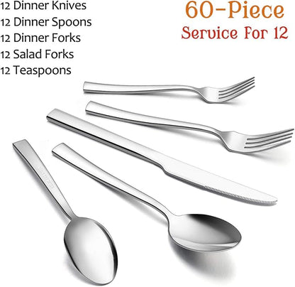 E-far 60-Piece Silverware Set, Stainless Steel Flatware Set Service - Image 2