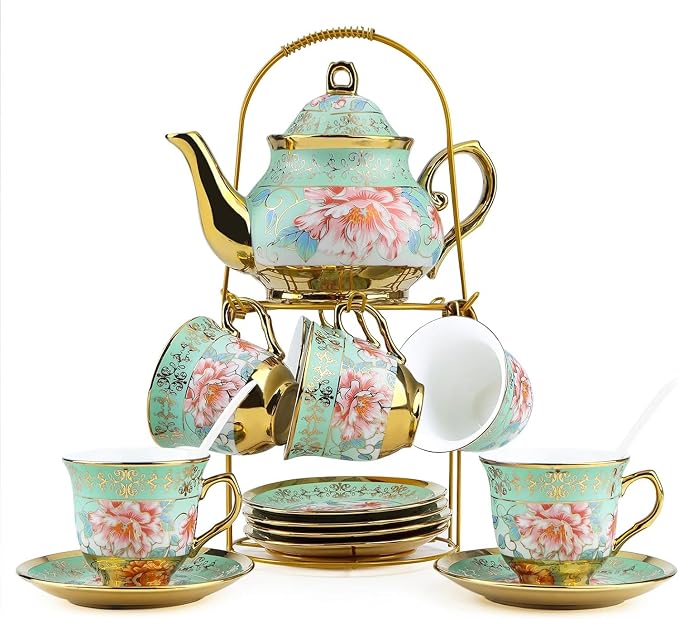 20Pcs Porcelain Tea Set with Metal Holder and Spoons, Floral Tea Sets - Image 7