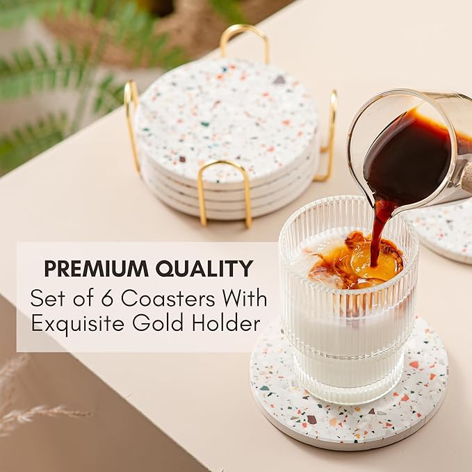 Terrazzo Drink Absorbent Coasters with Holder Set of 6, Ceramic Coaster for Drinks, Coffee Table Decor, Water Absorbing Stone Coaster for Drinks (Marble)