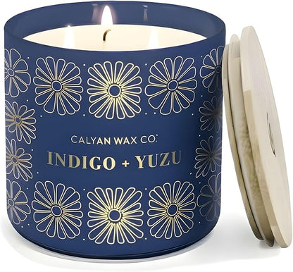 Calyan Wax Co. Indigo & Yuzu 3 Wick Scented Candle - 43 Hour Burn - Luxury 3 Wick Soy Candles - Non Toxic Soy Wax Candles - Long Lasting Large Glass Jar Candle for Home - 14.9oz