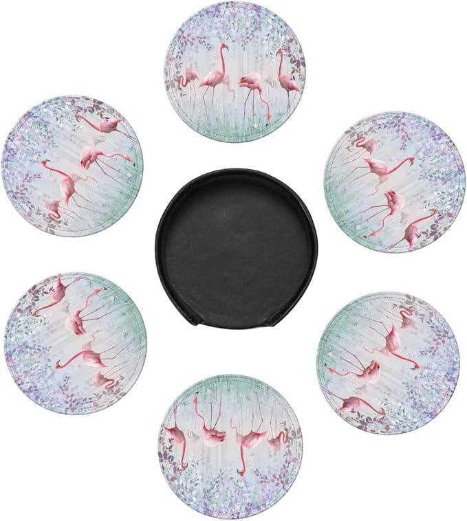 6 Pcs Pink Cute Flamingo Modern Art Boho Leather Coasters - Image 7