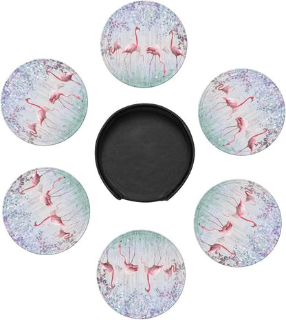 6 Pcs Pink Cute Flamingo Modern Art Boho Leather Coasters - Image 7