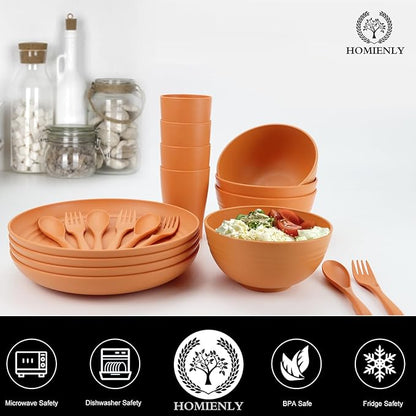 Wheat Straw Dinnerware Sets, Homienly 20pcs Unbreakable Microwave Dishwasher Safe Tableware Lightweight Bowls, Cups, Plates Set Reusable Dinner Plates Bowls set (Orange)
