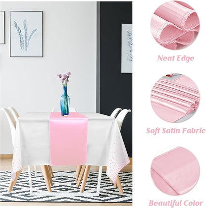 16Pack Disposable Plastic Tablecloths and Satin Table Runner Set White and Pink - Image 3
