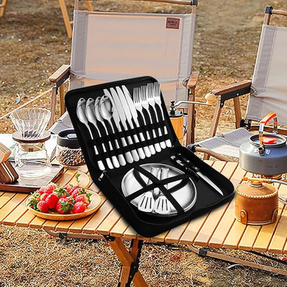 Camping Silverware Silver Picnic Plates and Utensils Set for 4 Portable Tableware Stainless Steel Dinnerware 20 Pieces With Organizer Bag Reusable Durable