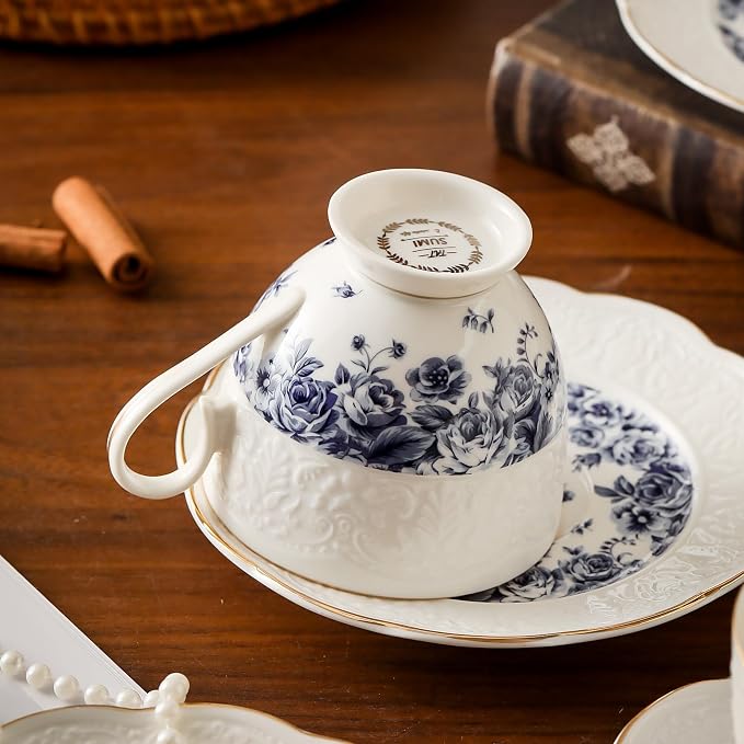 TATSUMI Interglio Embossed Bone China Tea Cup and Saucer Set, 3 Pieces Vintage - Image 7