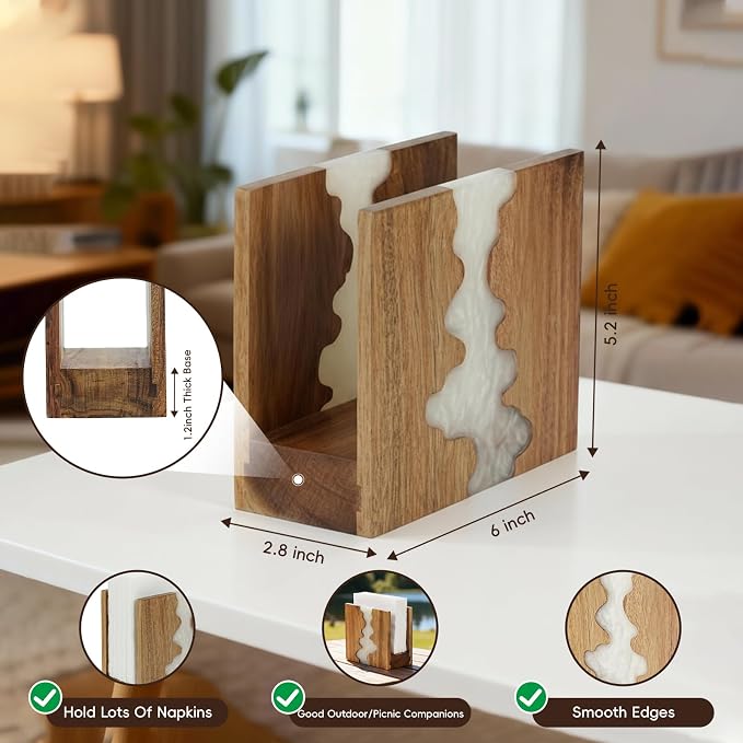Acacia Wood Napkin Holder for table, Handmade Epoxy Resin Tissue Box Holder - Image 3