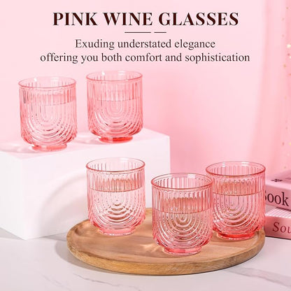 Pink Vintage Drinking Glasses Set of 6-15oz Hand-Blown Highball Ribbed Glassware - Image 2