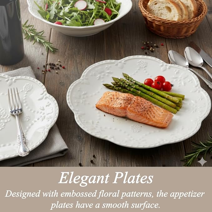 Tebery Set of 4 Ceramic Dinner Plate, 10.5 Inch Large Embossed Lace Salad - Image 7