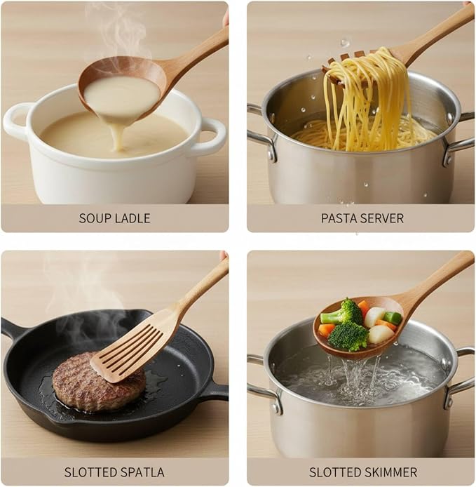 Acacia Wooden Utensil Set, 4 Piece Wood Kitchen Utensils | Includes Spaghetti - Image 3
